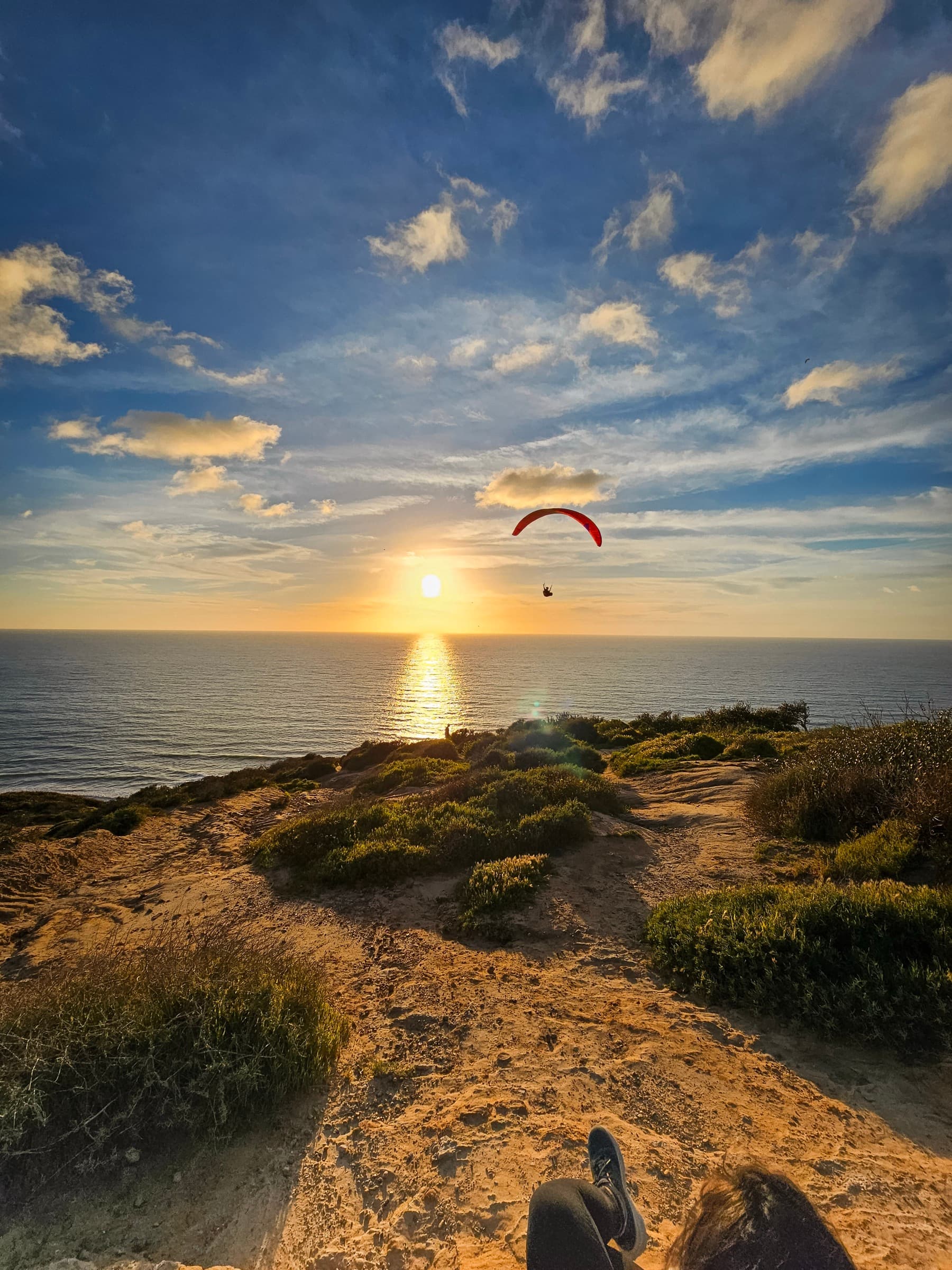 A paraglider silhouetted in the glare of the setting sun above the Pacific, seen from a coastal bluff at Torrey Pines.